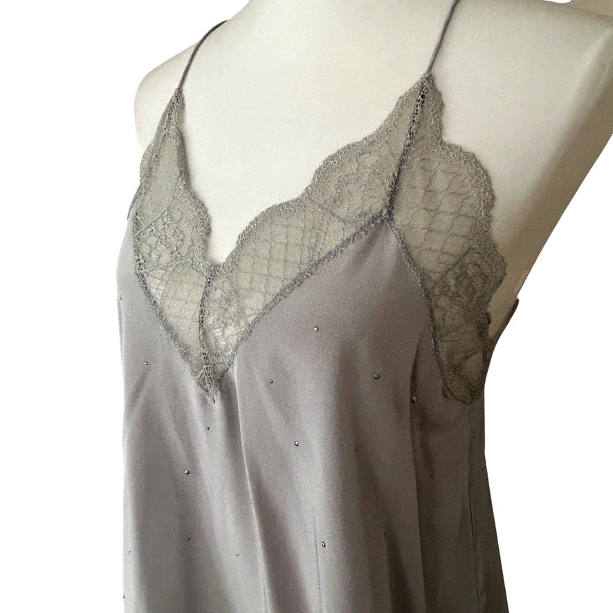 Zadig & Voltaire Christy Strass Silk Lace Cami Top Plomb Blue Grey S